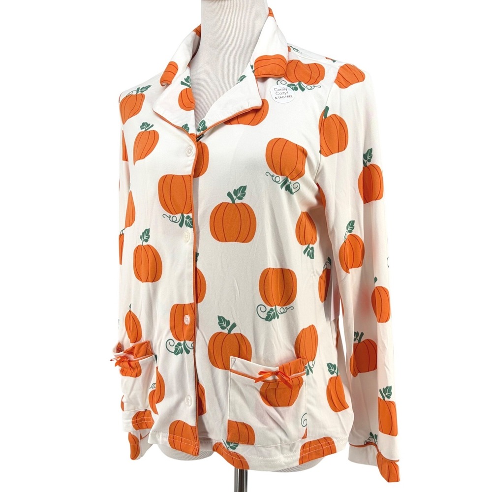 Tahari Pajama Top Pumpkin Print Soft Cozy Fall Halloween White Womens Large
